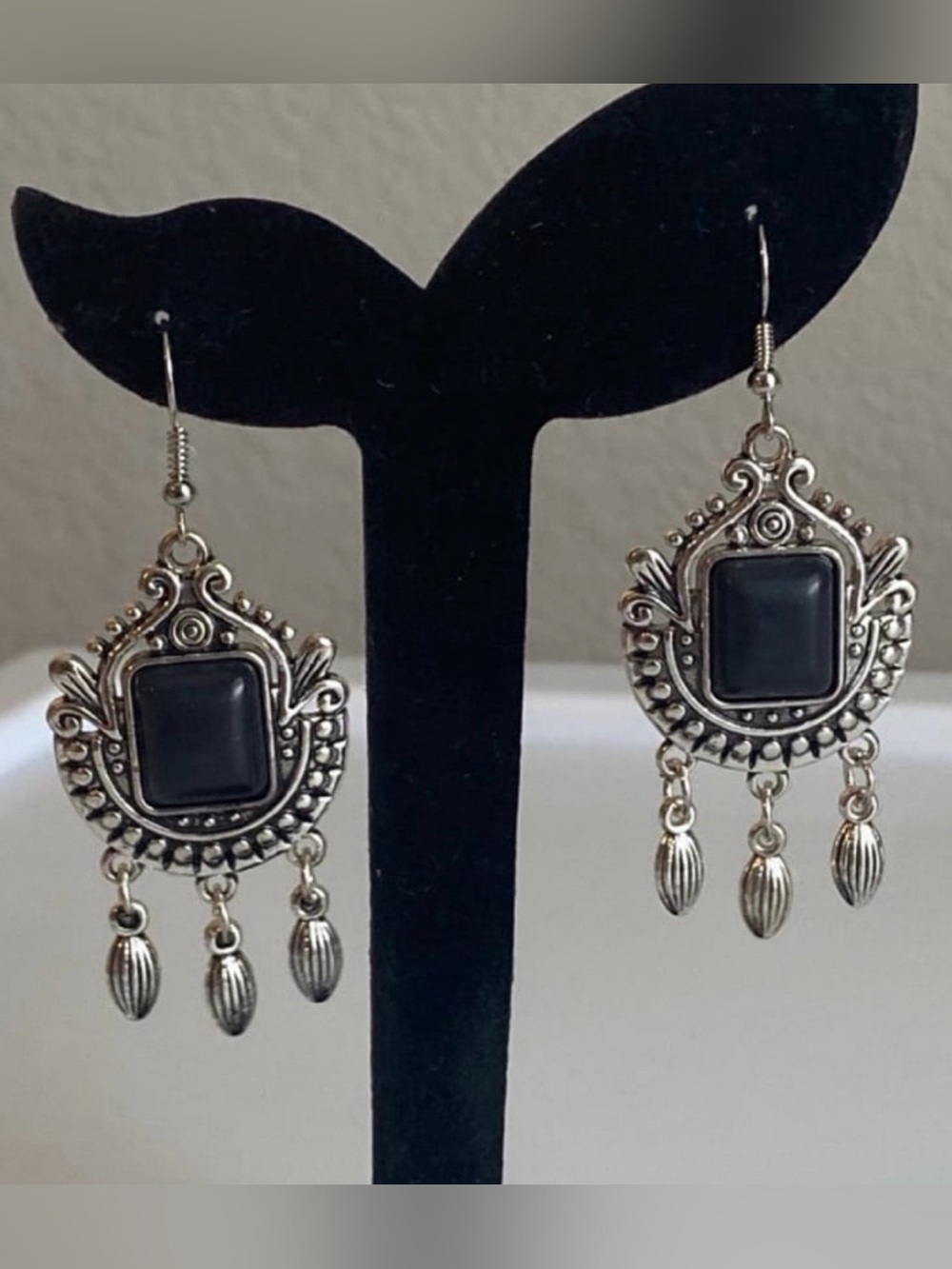 Vintage Silver-Tone Black Stone Dangle Earrings